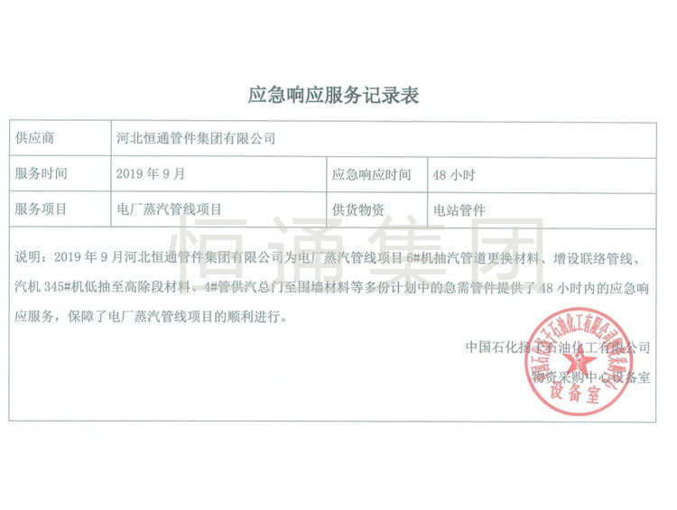 Emergency Response Service Record Form of Sinopec Yangzi Petrochemical Co., Ltd
